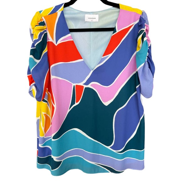 Adrienne Tops - ADRIENNE Women's Boutique Ruched Sleeves V-Neck Abstract Blouse Size Medium